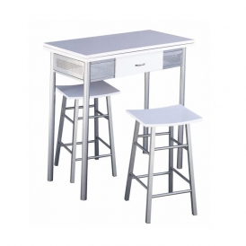Reggeli bár készlet, asztal, 2 szék, fehér / ezüst, 80x40 cm, HOMER